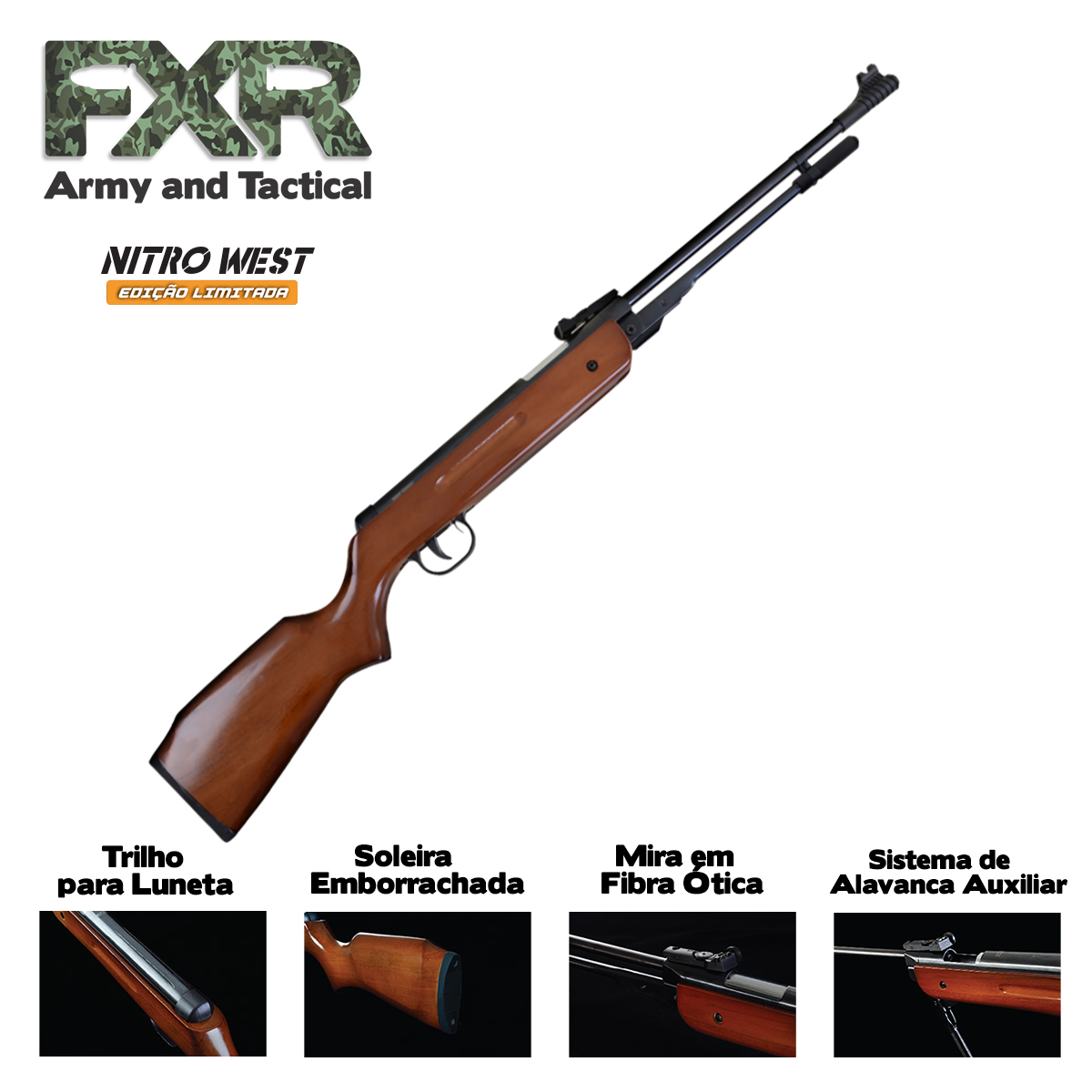 Carabina de Pressão FXR Nitro WEST 5.5 Gás Ram Espingarda com Coronha de Madeira Cano Fixo - Imagem 3