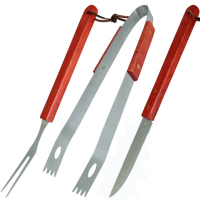 Kit Churrasco Essencial 3 Peças Fixxar FIX-UD 3701 Faca de Inox Cabo Madeira + Garfo + Pegador/Pinça