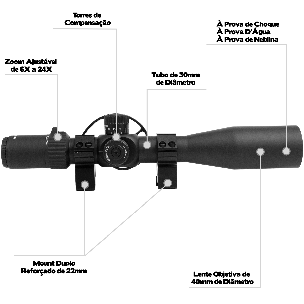 Luneta Discovery FFP HT 6-24X40SF Primeiro Plano Focal Mildot Paralaxe Anti Impacto Mount 22mm - Imagem 2