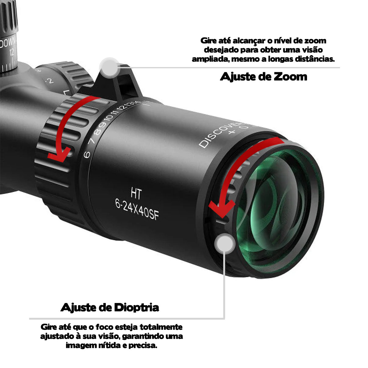 Luneta Discovery FFP HT 6-24X40SF Primeiro Plano Focal Mildot Paralaxe Anti Impacto Mount 22mm - Imagem 4