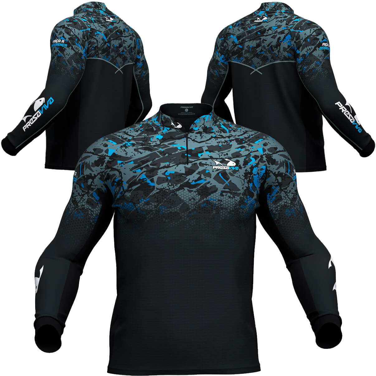 Camisa de Pesca Presa Viva Team PV 02 (G) Proteção Solar UV30+ PSVA Dry Favo Micro Azul Cinza Manga Longa