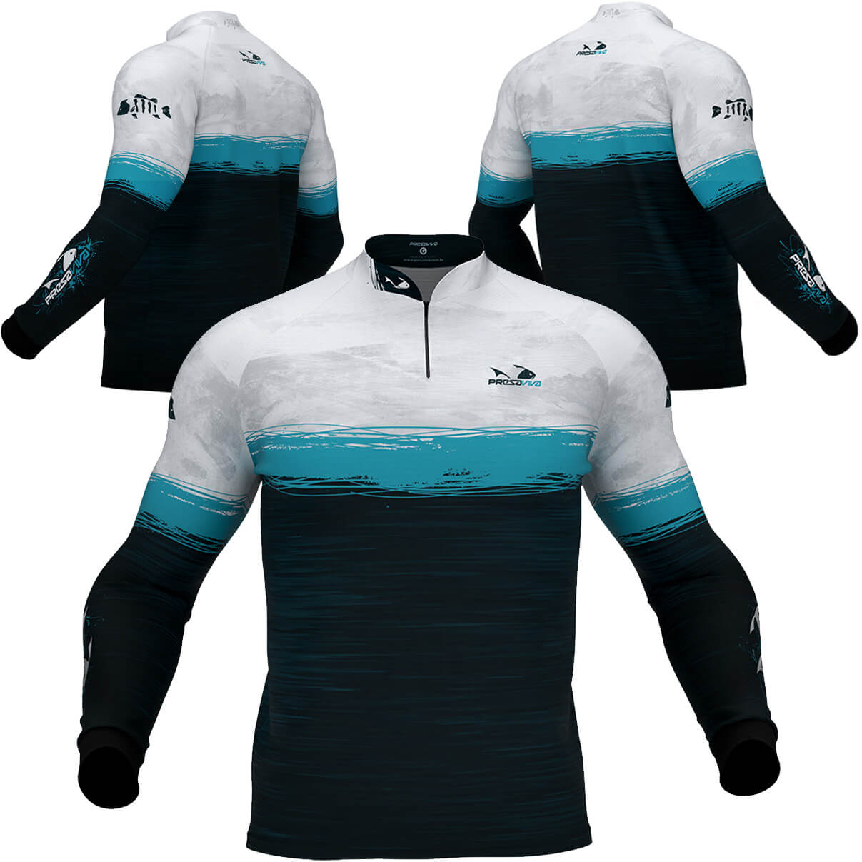 Camisa de Pesca Presa Viva PV 06 (G) Proteção Solar FPS 30+ PSVA Dry Favo Micro Branca Azul Manga Longa