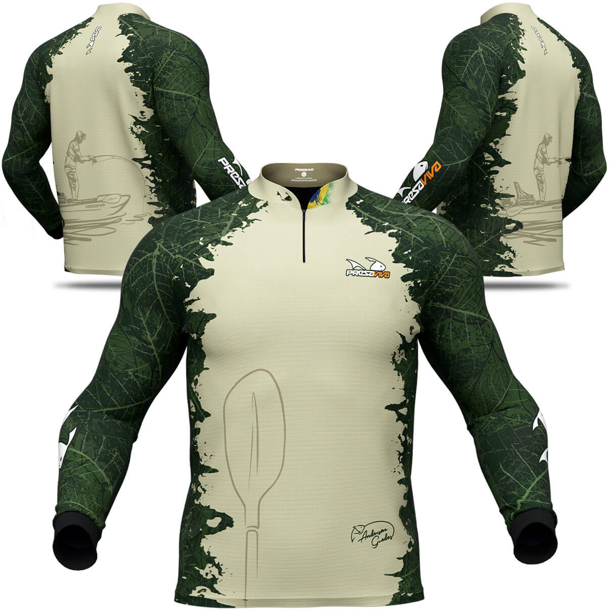 Camisa de Pesca Presa Viva Anderson Guedes 04 (GG) Proteção Solar UV50+ Dry Flex com Elastano Verde Manga Longa Zíper