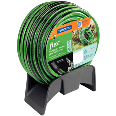 Mangueira Flex Tramontina 15 Metros Verde em PVC 4 Camadas Flexível Conjunto com Suporte Esguicho e Engate Plástico