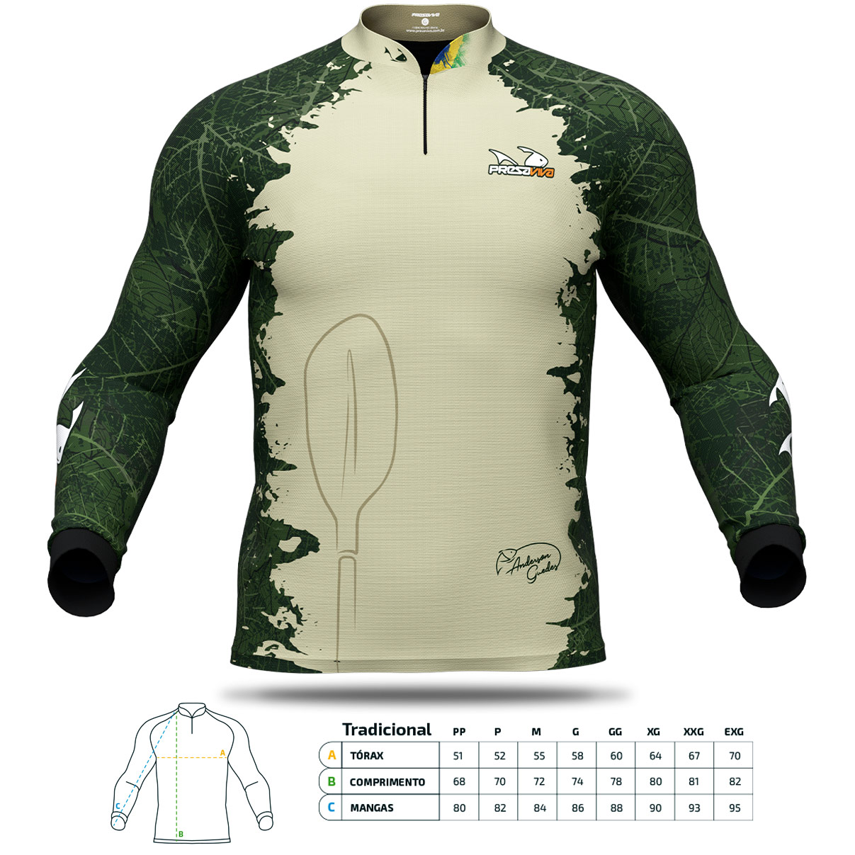 Camisa de Pesca Presa Viva Anderson Guedes 04 (GG) Proteção Solar UV50+ Dry Flex com Elastano Verde Manga Longa Zíper - Imagem 7