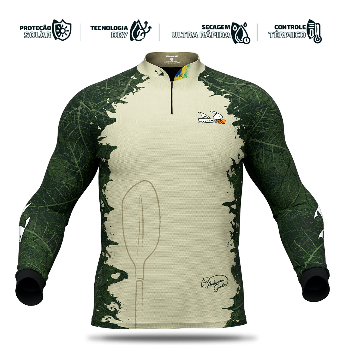 Camisa de Pesca Presa Viva Anderson Guedes 04 (GG) Proteção Solar UV50+ Dry Flex com Elastano Verde Manga Longa Zíper - Imagem 8