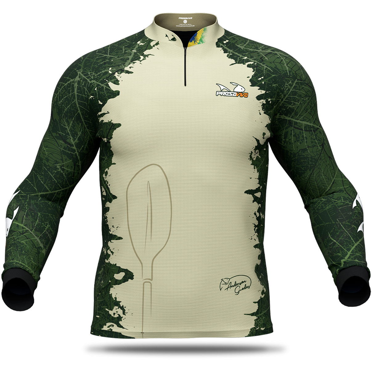 Camisa de Pesca Presa Viva Anderson Guedes 04 (GG) Proteção Solar UV50+ Dry Flex com Elastano Verde Manga Longa Zíper - Imagem 9