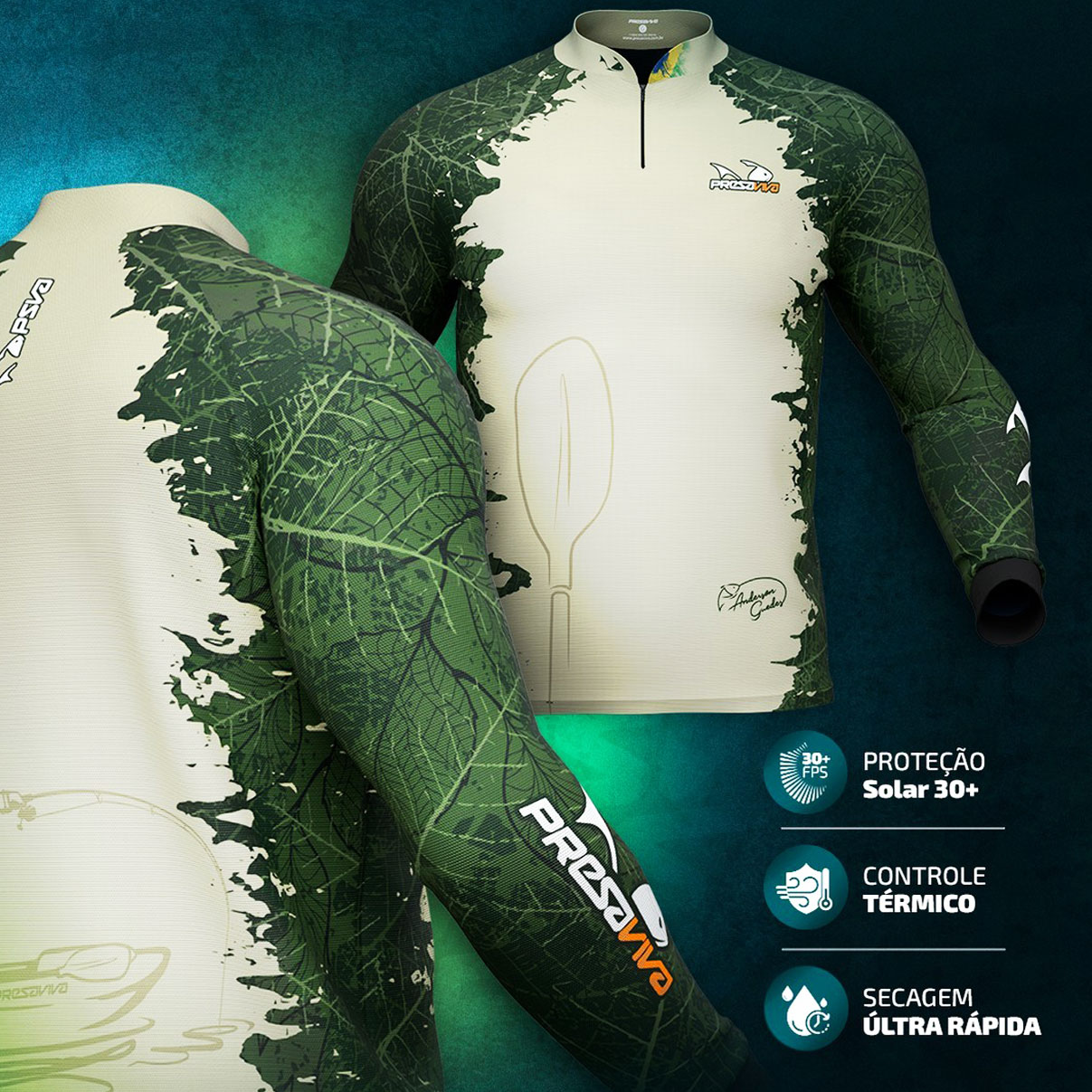 Camisa de Pesca Presa Viva Anderson Guedes 04 (GG) Proteção Solar UV50+ Dry Flex com Elastano Verde Manga Longa Zíper - Imagem 3