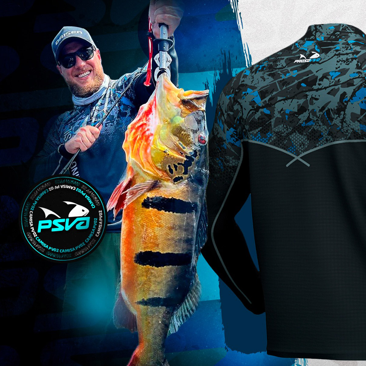 Camisa de Pesca Presa Viva Team PV 02 (G) Proteção Solar UV30+ PSVA Dry Favo Micro Azul Cinza Manga Longa - Imagem 2