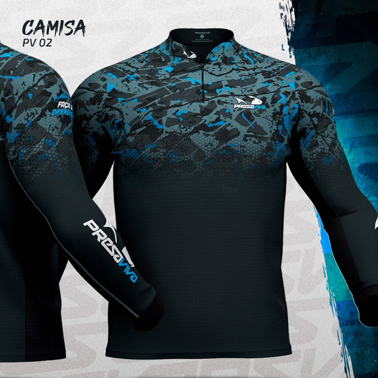 Camisa de Pesca Presa Viva Team PV 02 (G) Proteção Solar UV30+ PSVA Dry Favo Micro Azul Cinza Manga Longa - Imagem 3