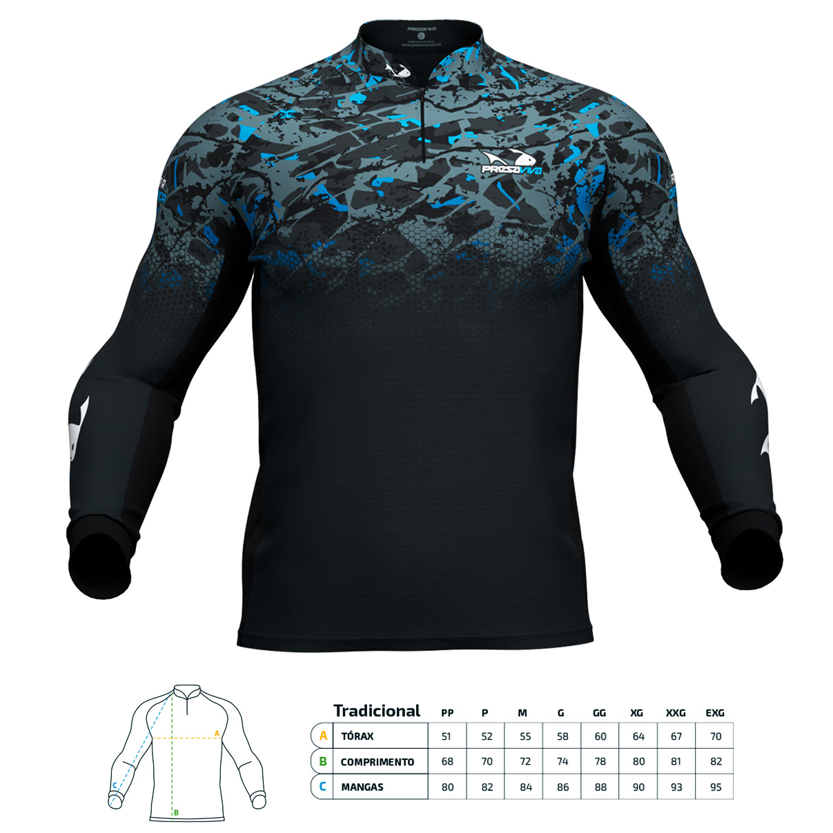 Camisa de Pesca Presa Viva Team PV 02 (G) Proteção Solar UV30+ PSVA Dry Favo Micro Azul Cinza Manga Longa - Imagem 8