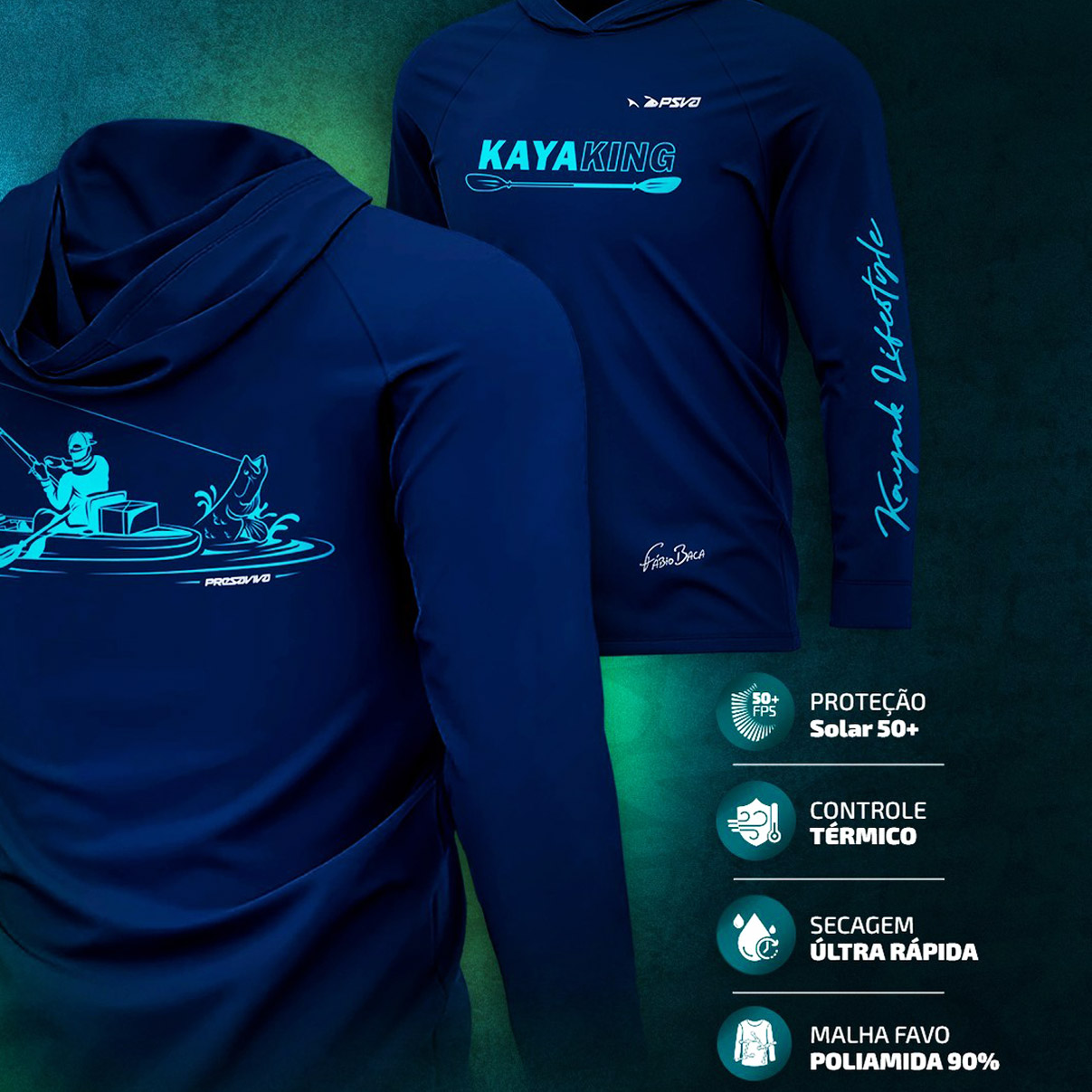 Camisa de Pesca com Capuz Presa Viva Baca 19 (M) Proteção Solar UV50 Poliamida Azul Marinho Caiaque - Imagem 5