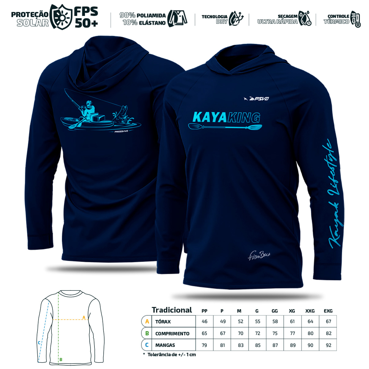 Camisa de Pesca com Capuz Presa Viva Baca 19 (M) Proteção Solar UV50 Poliamida Azul Marinho Caiaque - Imagem 10