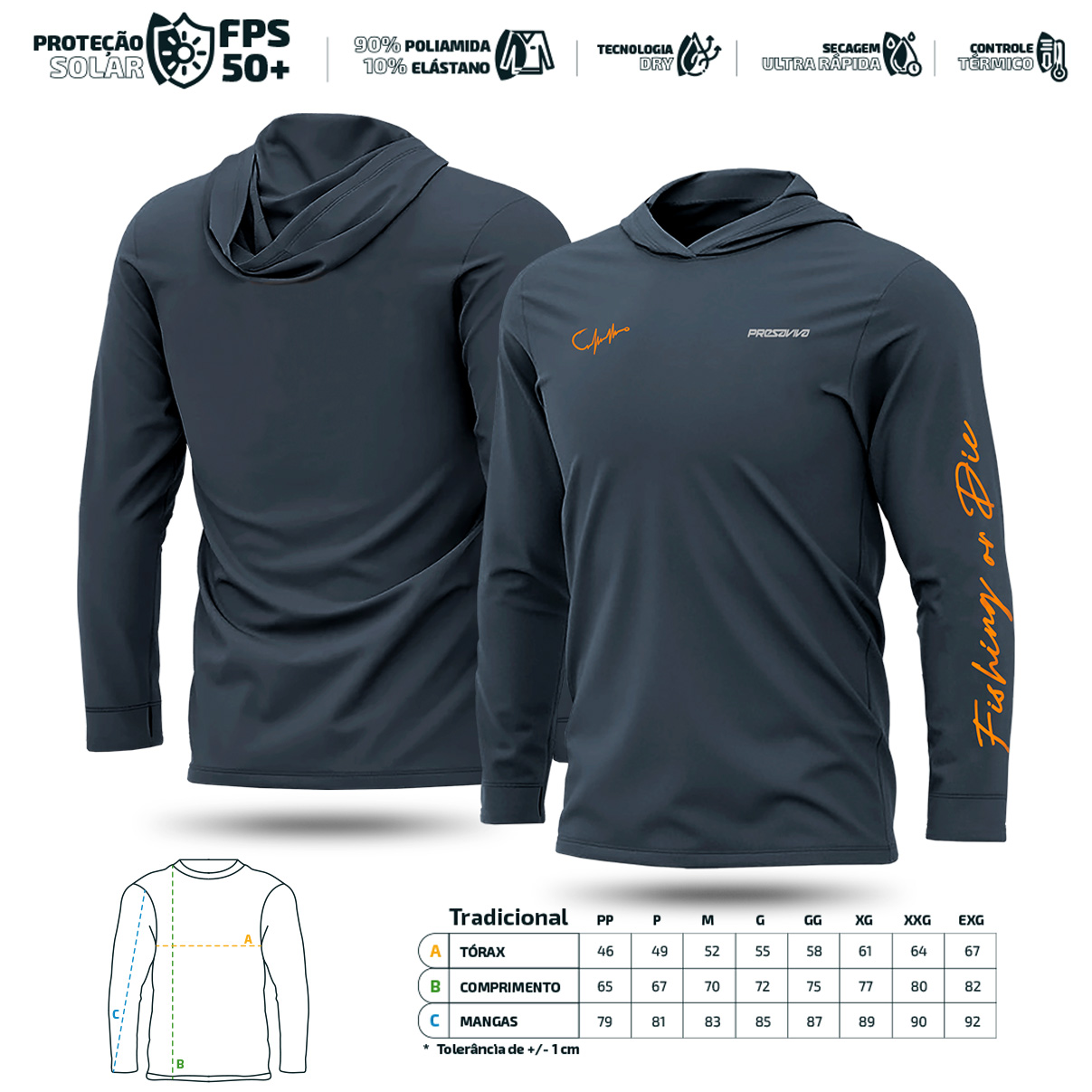 Camisa de Pesca com Capuz Presa Viva Fishing or Die 12 (GG) Proteção Solar UV50+ Poliamida Cinza - Imagem 3