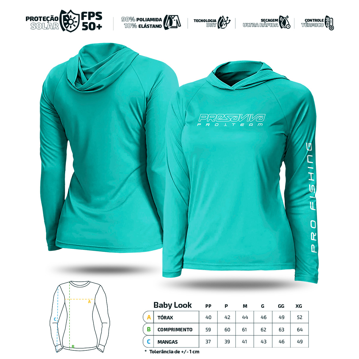 Camisa de Pesca com Capuz Presa Viva Poliamida 17 Baby Look (G) Proteção Solar UV50+ Azul Moscatel - Imagem 7