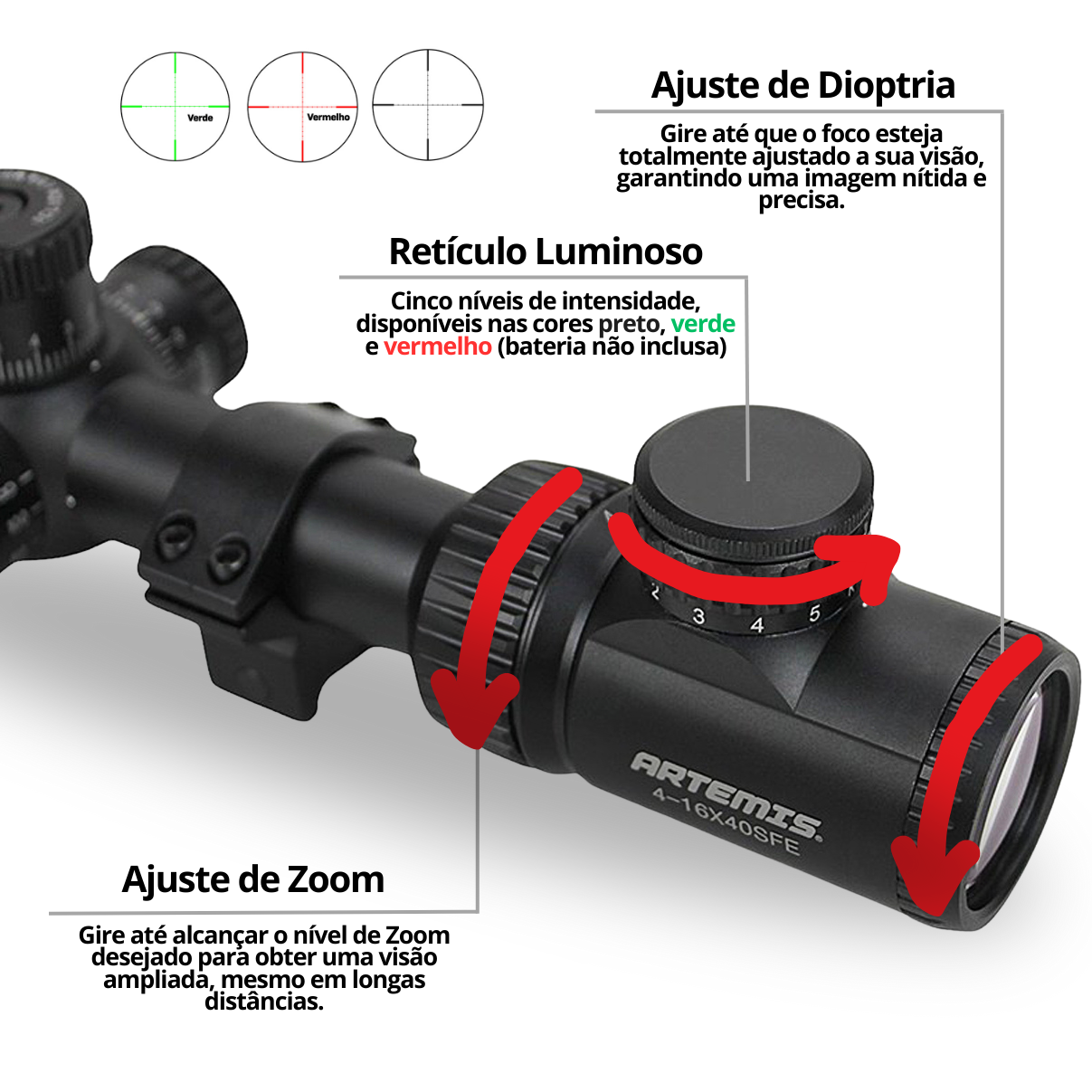 Luneta Artemis 4-16x40SFE Retículo Iluminado Mildot Paralaxe Mount 11mm para Carabina de Pressão PCP - Imagem 3