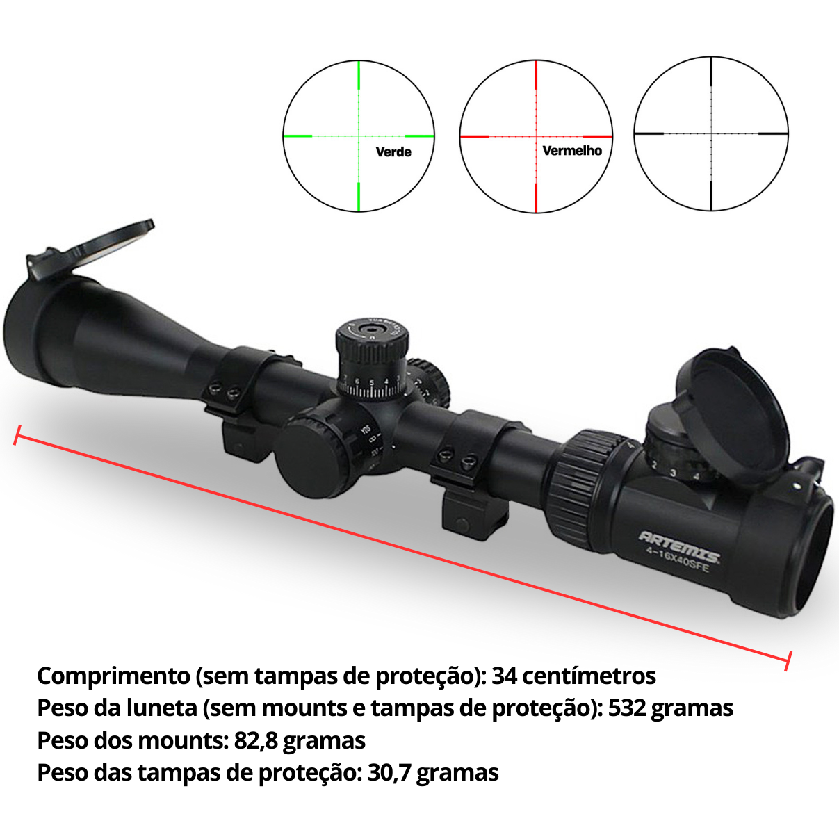Luneta Artemis 4-16x40SFE Retículo Iluminado Mildot Paralaxe Mount 11mm para Carabina de Pressão PCP - Imagem 5