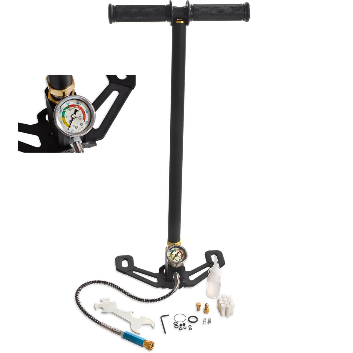 Bomba Pneumática Manual para Carabina de Pressão PCP FRX 300 BAR 4350 PSI Pés Dobráveis Preta ADV150